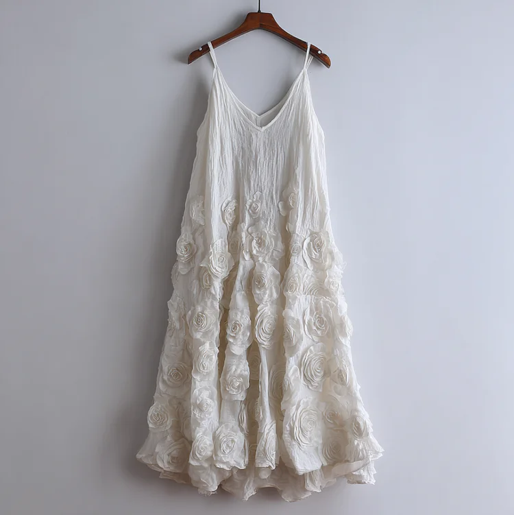 Bohemian Style Woman's V-neck White Rose Dress