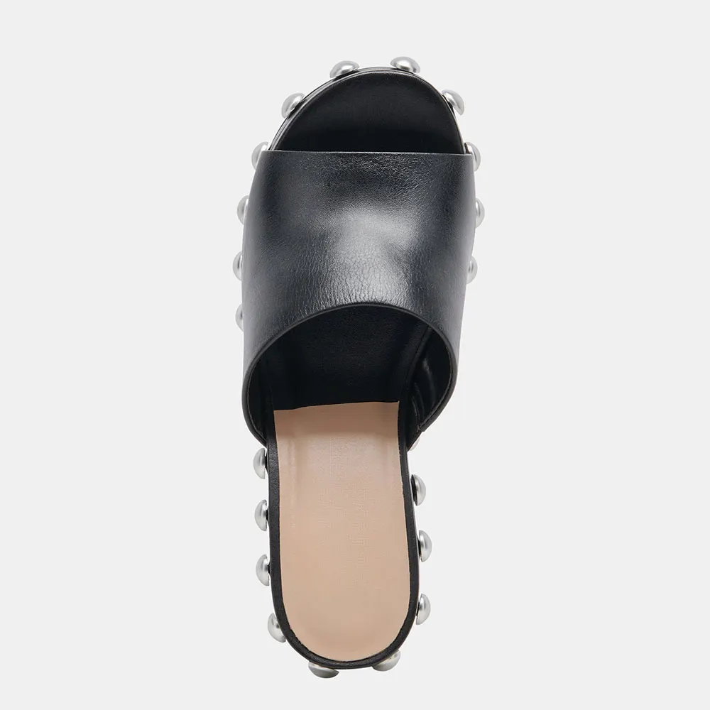 Black Round Toe Chunky Heel Platform Mules Shoes with Studded