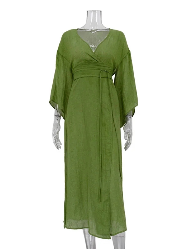 Loose Three-Quarter Sleeves See-Through Solid Color Split-Side Tied Waist V-Neck Midi Dresses