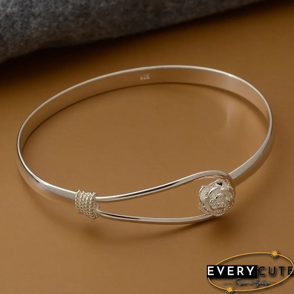 New Hot Fine 925 Sterling Silver Thick Polish Fashion Sakura Charm Net Cuff Jewelry