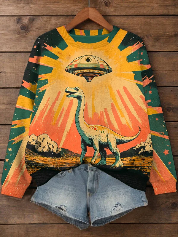 Women's Dinosaur and UFO Surreal Art Print Cozy Sweatshirt