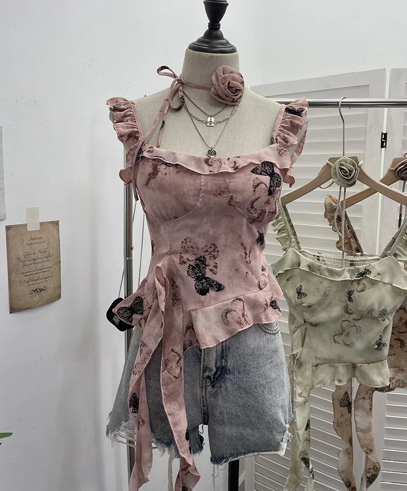 Uveng Real Shoot French Retro Irregular Lotus With Chest Cushions With Ribbon Sling Vest Summer Chiffon Top 9137