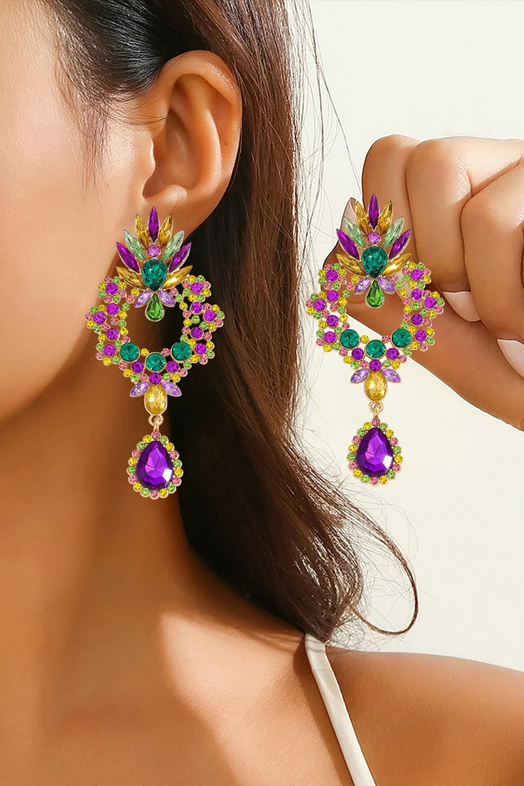 Mardi Gras Multicolor Rhinestones Water Droplet Shaped Earrings 2024 - Xpluswear