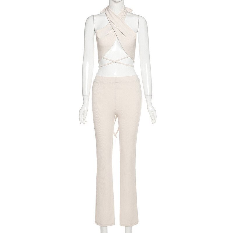 Nibber Elegant 2 Two Piece Sets Women Chic Bandage Crop Top Casual Straight Pants Kniting Outfit Suits 2021 Clothing Streetwear