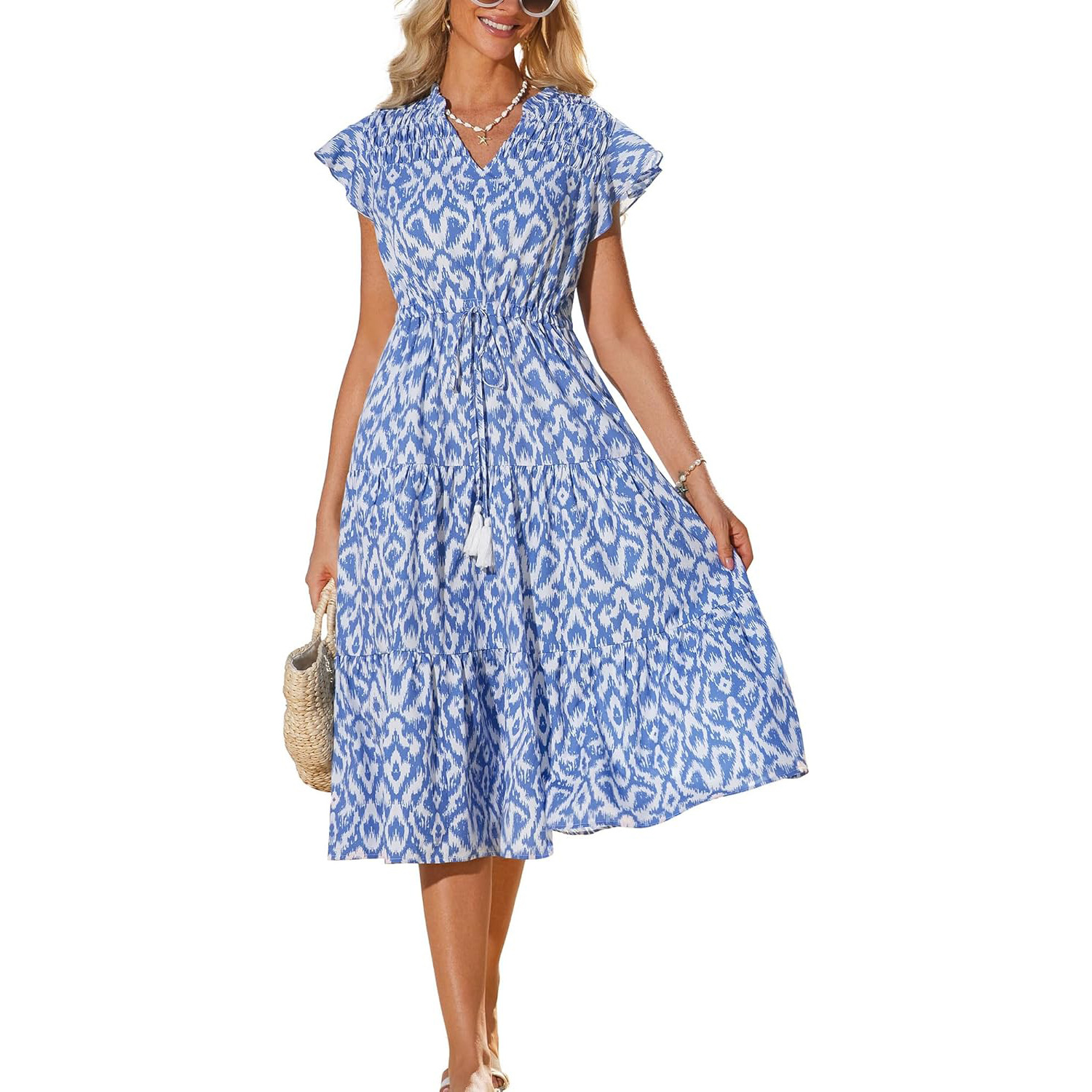 Mature Women Summer Short Sleeve Tassel Bohemian Vacation Beach Dress