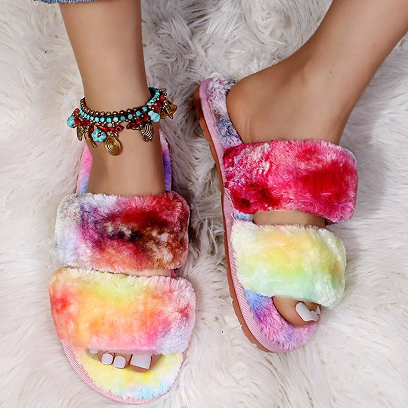 Fluffy Slippers Women Cozy Faux Fur Indoor Floor Slides Flat Soft Furry Shoes Women Home Slippers Female Winter Warm Flip Flops