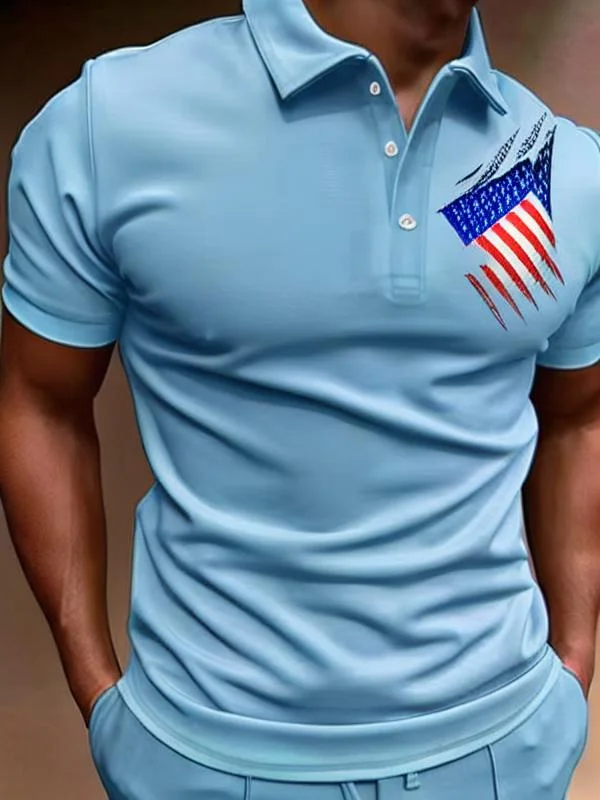 Men's Casual Flag Print Short Sleeved Polo Shirt at Hiphopee