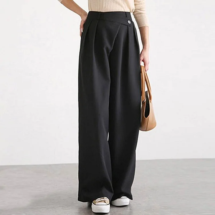 Ladies Fashion High Waist Autumn Wide Leg Pants Casual Solid Color Buttons Loose Irregular Trousers Elegant Office Lady Pants