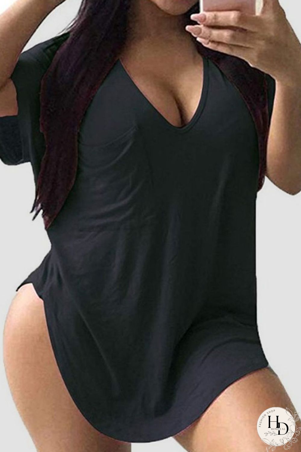 Black Casual Solid Split Joint Pocket V Neck T-Shirts