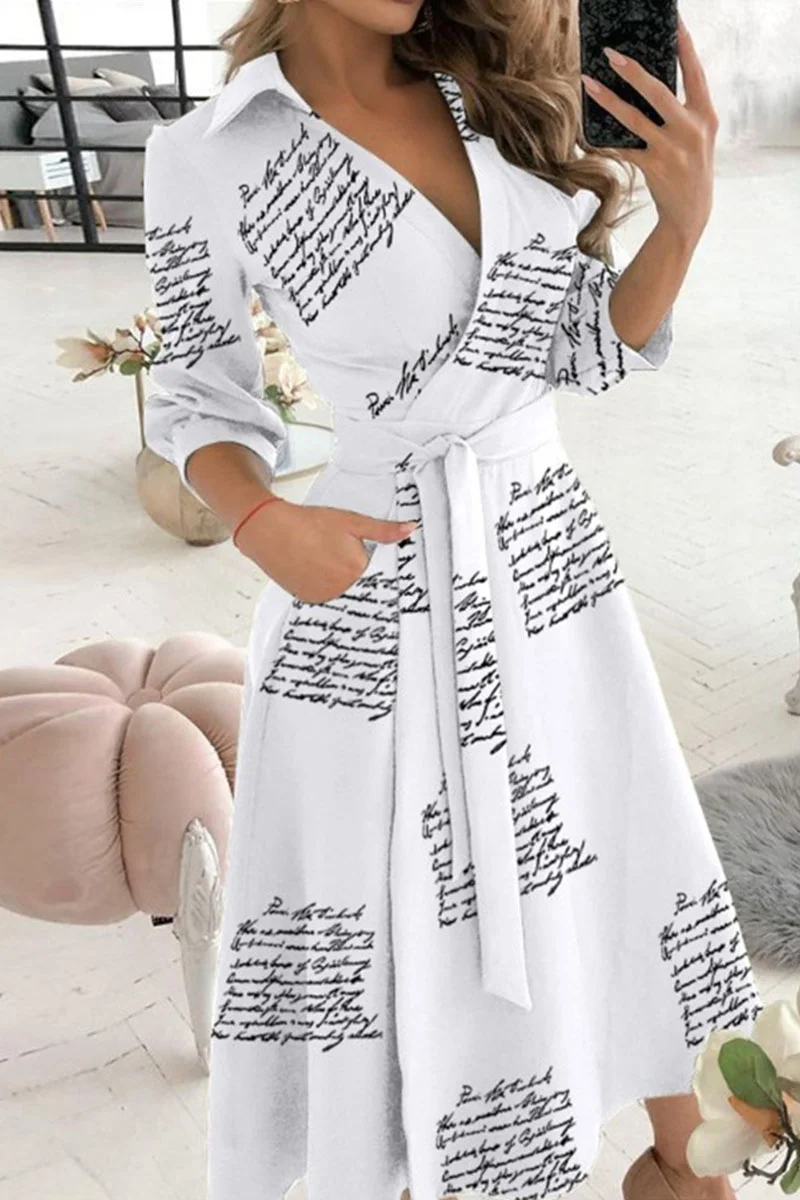 Letter Print Casual Print Bandage Patchwork V Neck A Line Dresses | EGEMISS