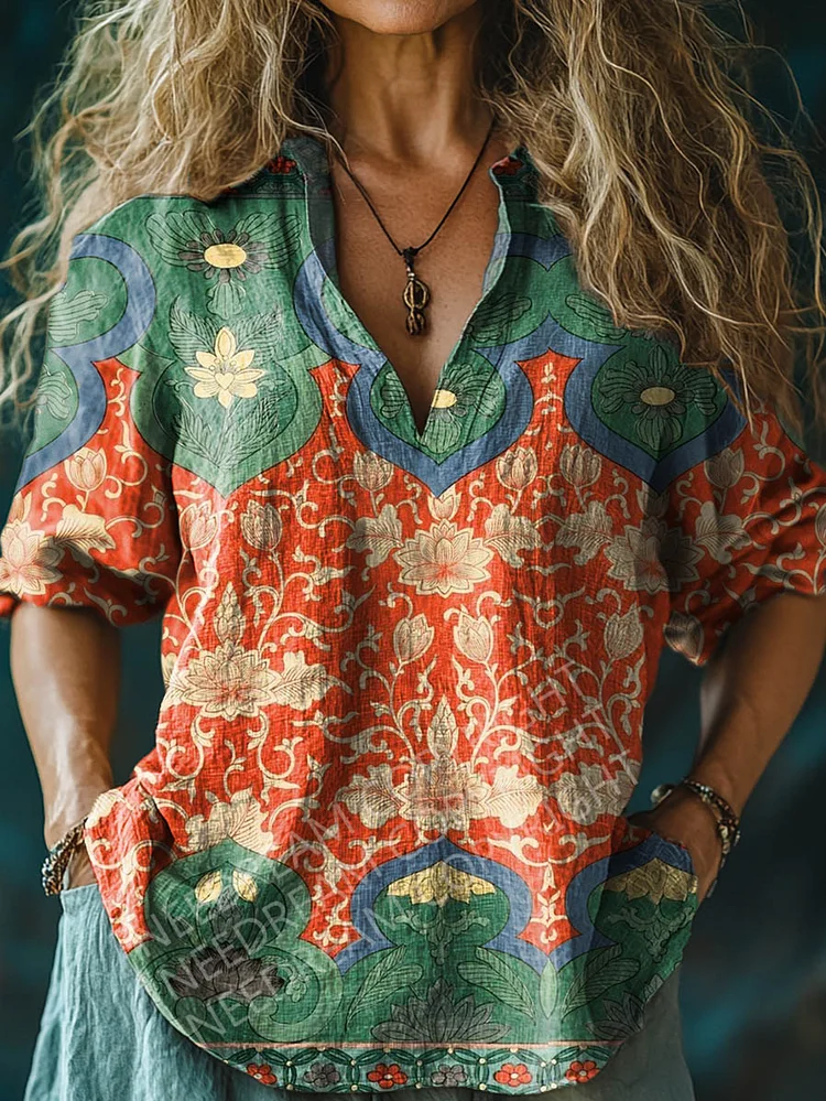 Womens Vintage Symmetrical Floral Art Pattern  Long Sleeve Comfortable Cotton And Linen Shirt