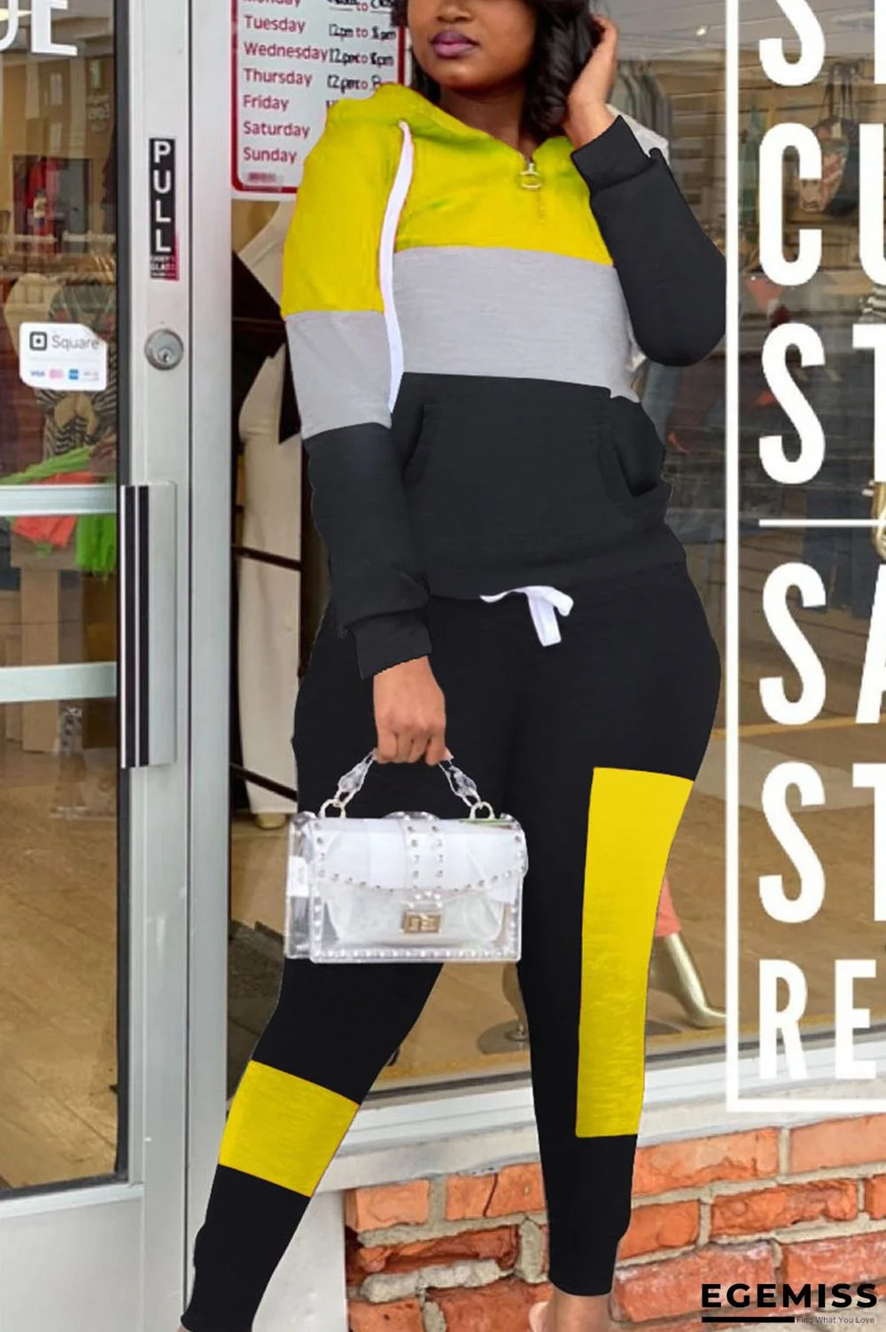 Yellow Sportswear Solid Patchwork Hooded Collar Long Sleeve Two Pieces | EGEMISS