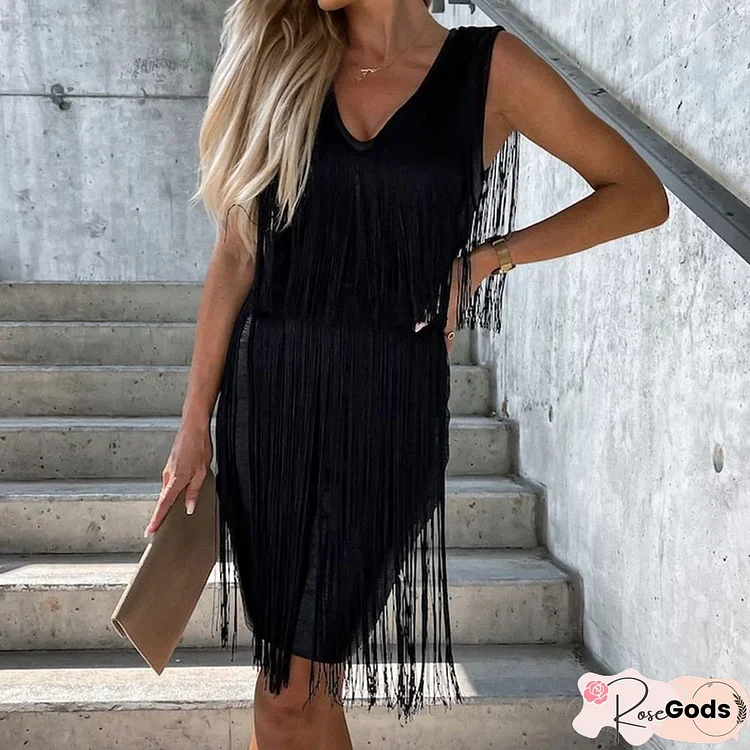 Elegant Sleeveless V-Neck Summer Mini Party Dress Ladies Fashion Solid Color Fringe Satin Dress Ladies Slim Hip Dresses New