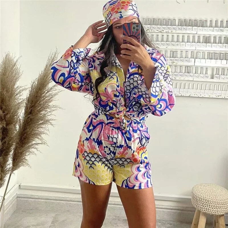streetwear women Elegant Red Print Shirt 2021 Spring Fashion Ladies Indie Folk Suits Ladies Vinatge Totem Floral Beach Suits