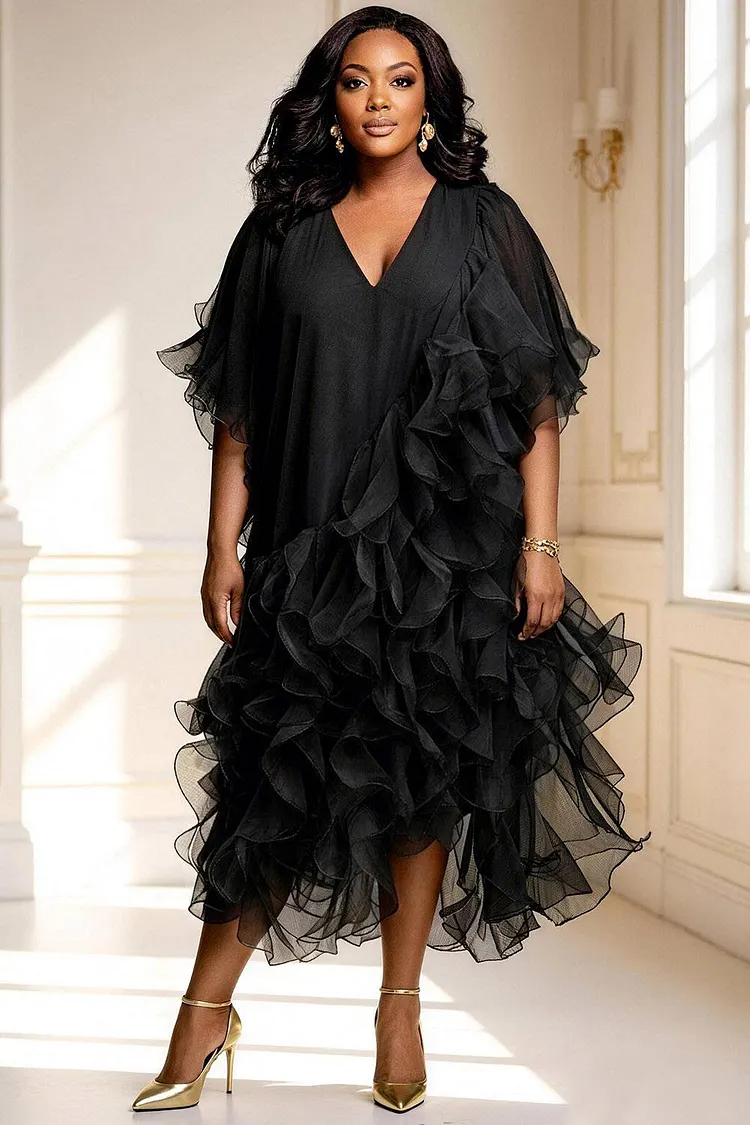 Xpluswear Design Plus Size Cocktail Party Black V Neck Short Sleeve Ruffle Tiered Chiffon Midi Dresses [Pre-Order] 2024 - Xpluswear