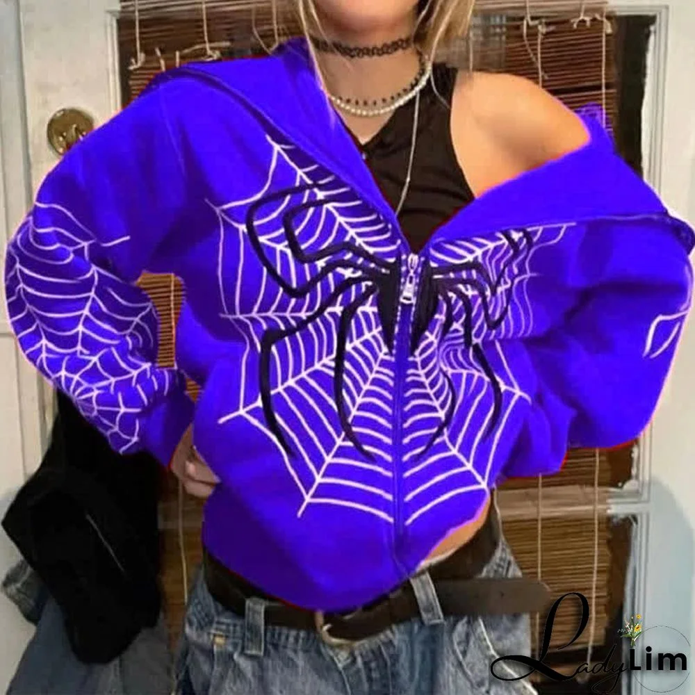 Dark Spider Web Print Full Zip Hooded Sweatshirt