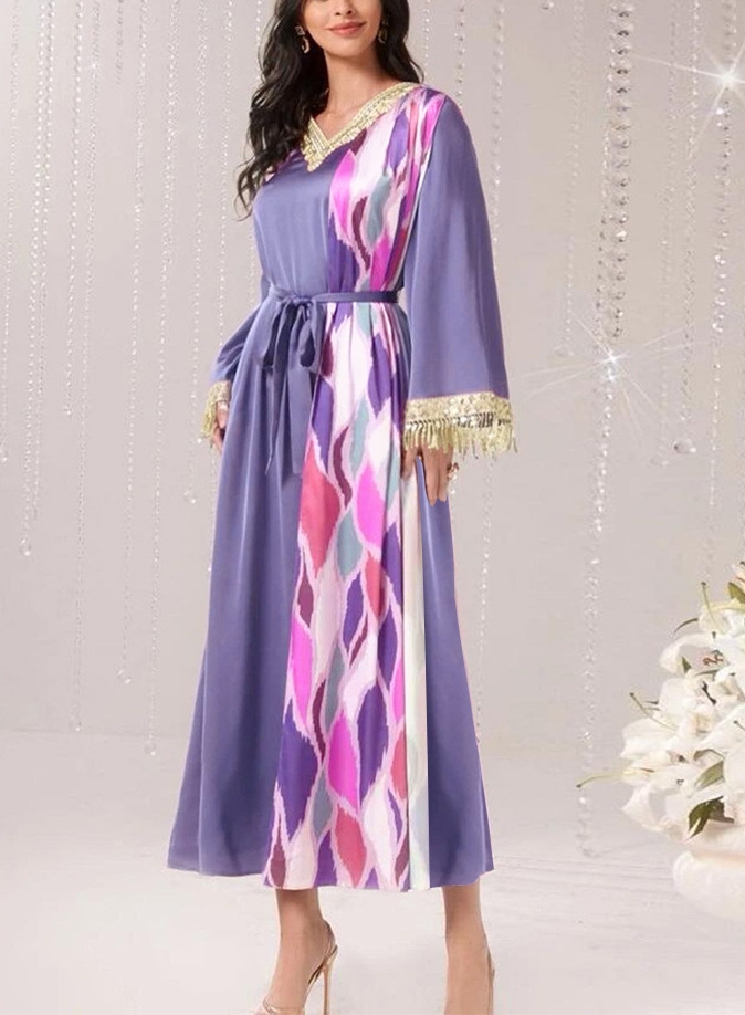 Women's Sequined Fringe Printed Ribbon Robe Dress | Oxredo Shop Ramadan Sale
