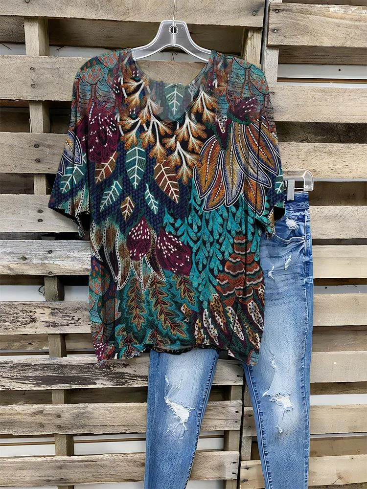 Women's Fashion Art Style Leaf Print V-neck Half-sleeve T-shirt