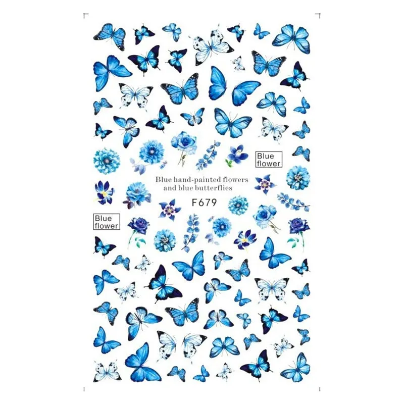 Butterfly Stickers Nail Art Blue Butterflies Flowers Rose 3D Adhesive Decals Acrylic Back Glue DIY Nail Manicure Slider Decor-Nail Inspo