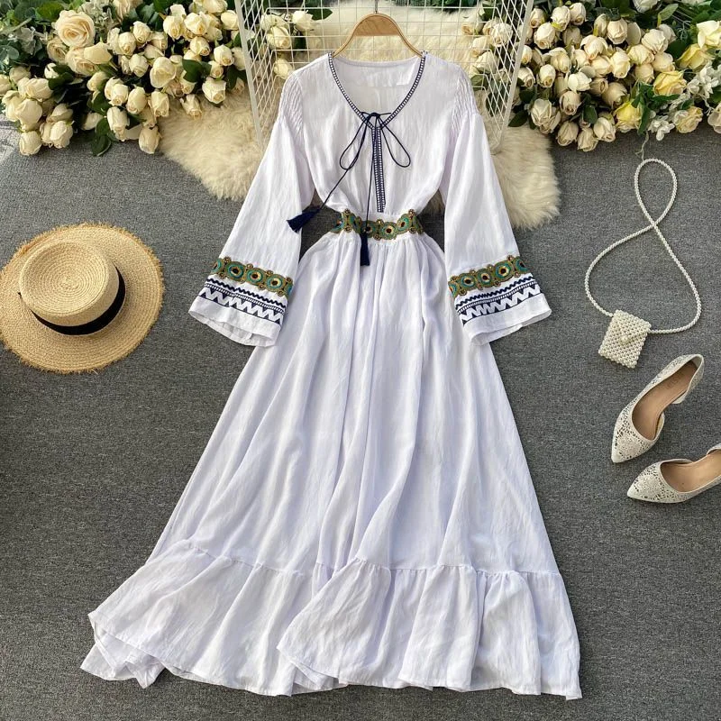 Embroidered Long-Sleeve Midi A-Line Dress YP1933