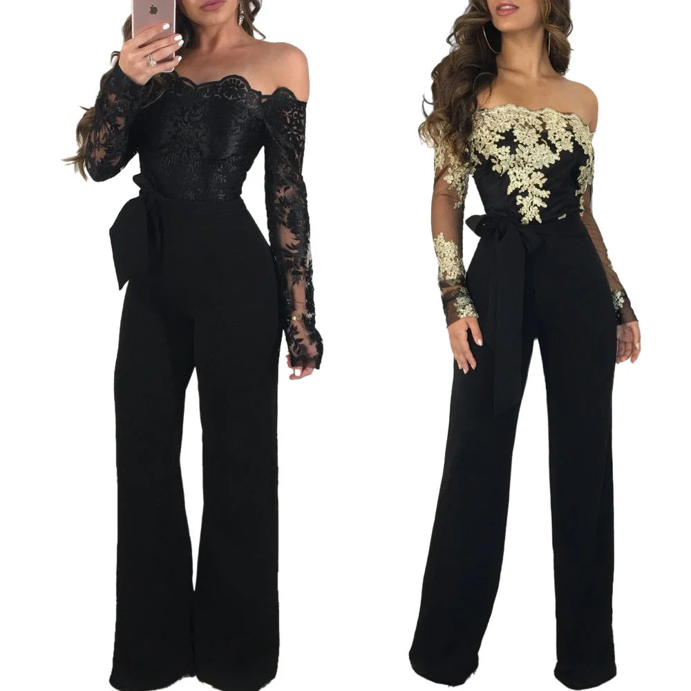 Brownm Dress Women's Casual Lace Off-neck Wide-leg Color Jumpsuit