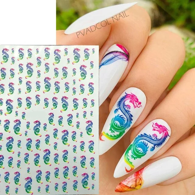 Nail Art Dragon Decals Stickers Red Black Dragons Design Self Adhesive 3D Nail Sticker Acrylic Manicure Tips Decorations-Nail Inspo