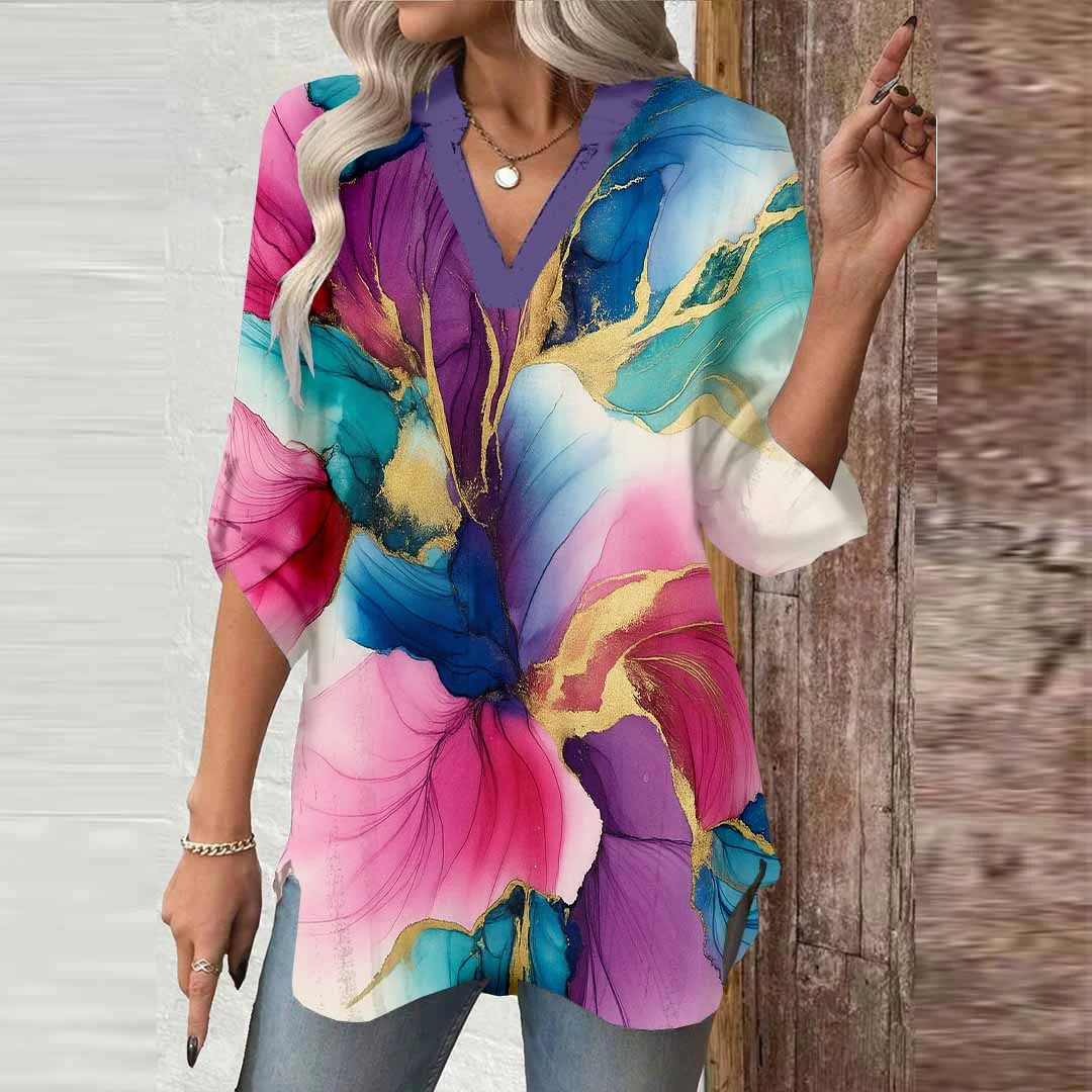 Women Abstract,Pink,Green DZGA0684 3/4 Sleeve V-neck Printed Graphic Button Tops