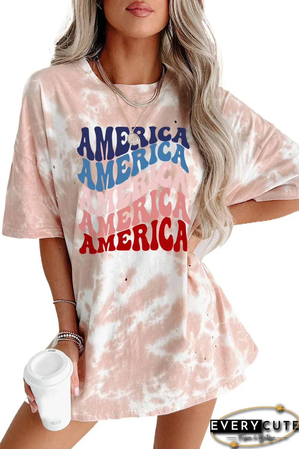 Pink AMERICA Letter Graphic Tie Dye Distressed Boyfriend Tee
