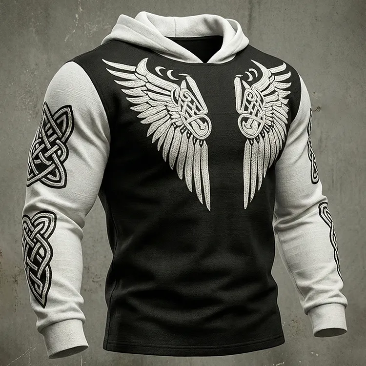 Men's Viking Tribal Jacquard Celtic With Wings Inspired Art Casual Hoodie