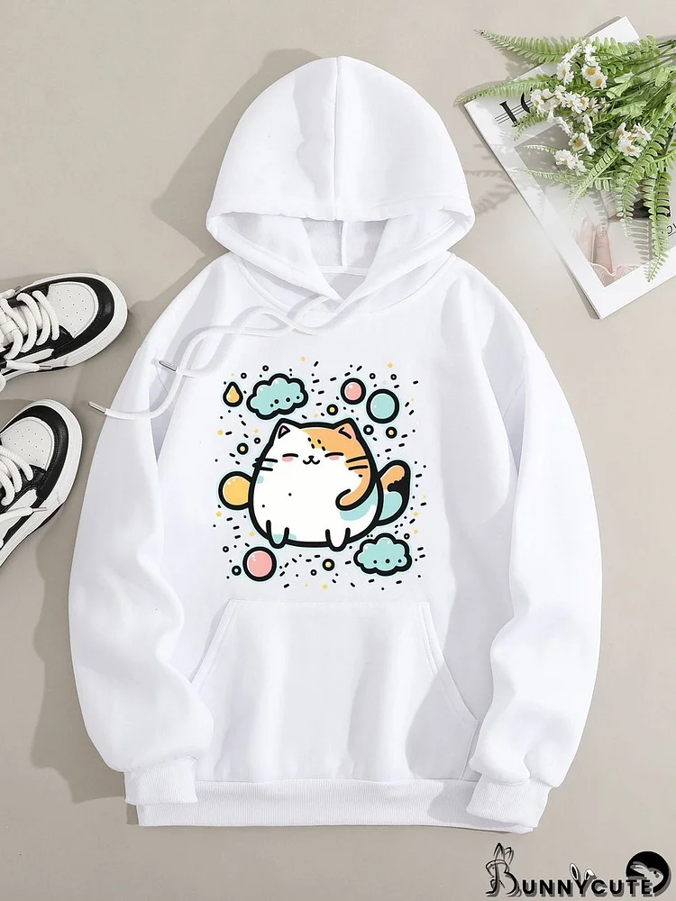 Printed on front Kangaroo Pocket Hoodie Long Sleeve for Women Pattern  Cat and Clouds