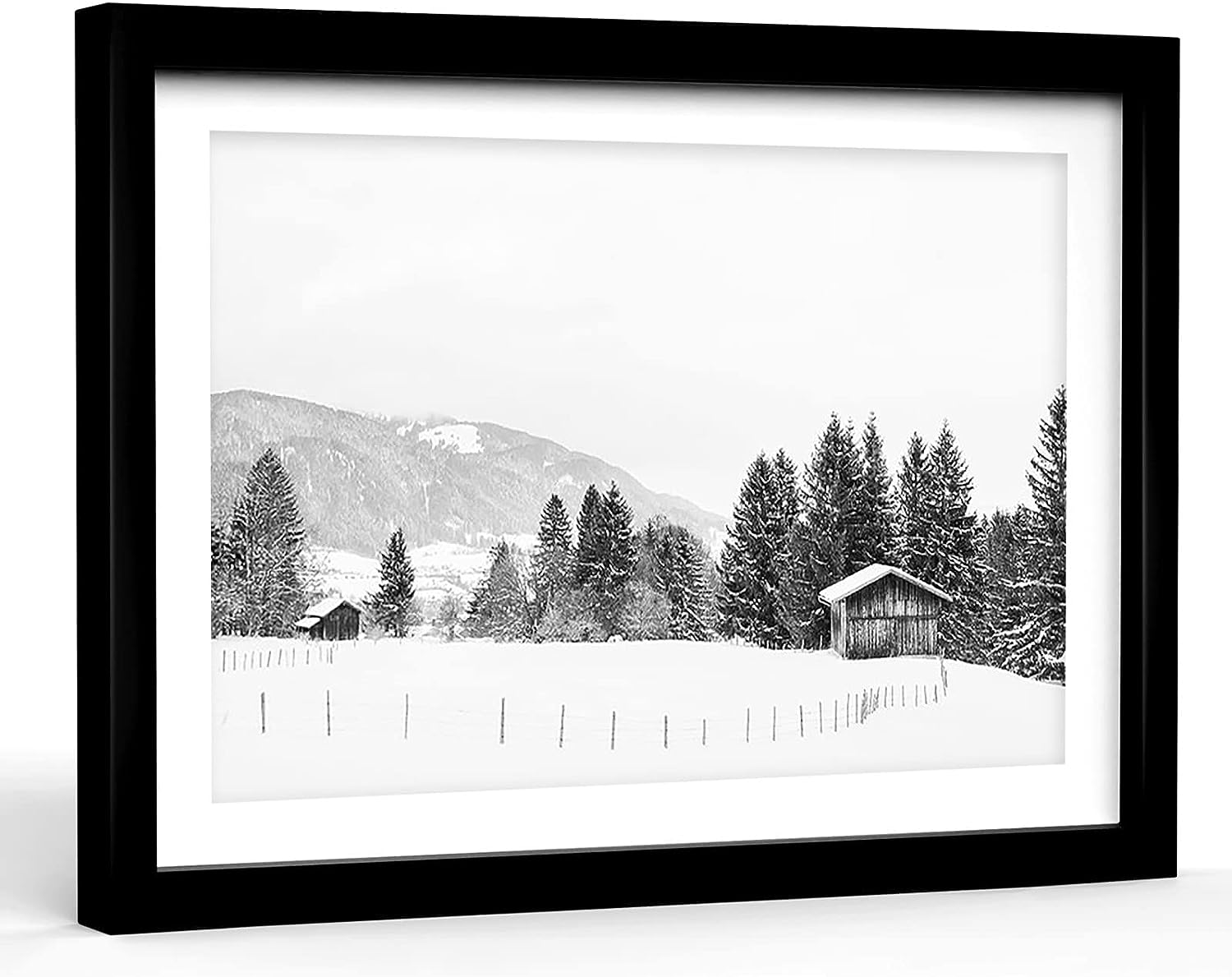 BLACK AND WHITE ART CANVAS ABSTRACT WALL ART LARGE decorations for living room Winter art Ski Lodge Print Black And White Log Cabin Print Mountain Landscape Winter 12''x18''inch wood Framed plexiglass