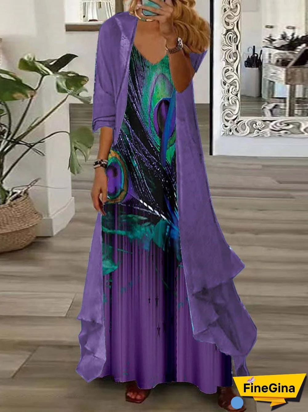 Women's Long Sleeve V-neck Graphic Printed Two Pieces Maxi Dress