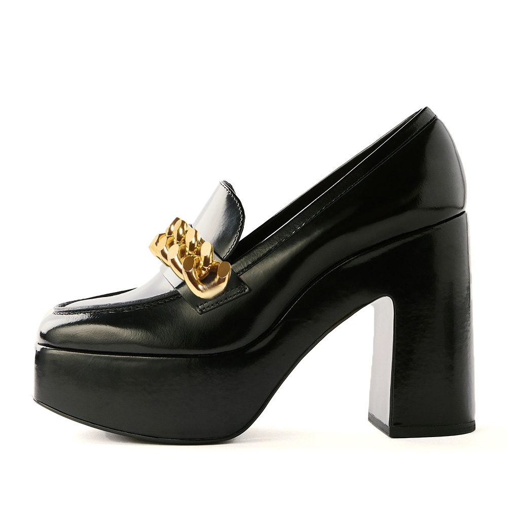 Black Square Toe Chain Chunky Heels Platform Loafers for Women Nicepairs