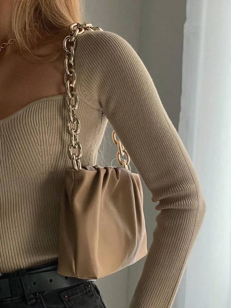 Stylish Chic Beige Knitted Cropped Blouses Women 2021 Fashion Sexy Square Collar Shirts Girls Streetwear Casual Tops