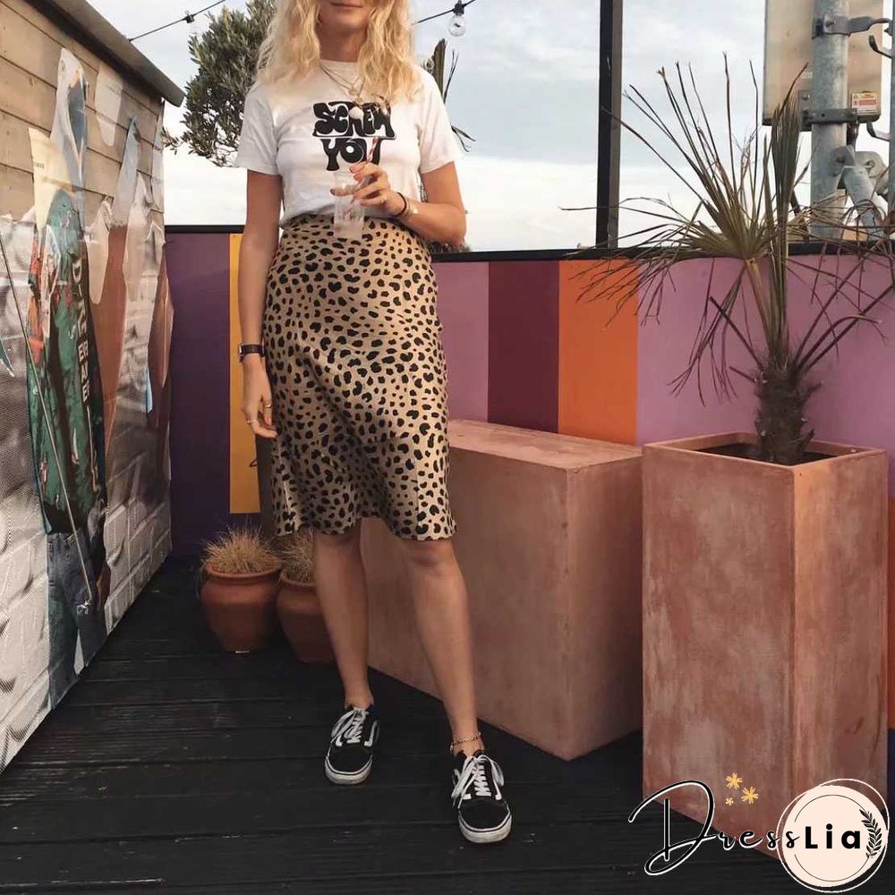 Retro Elastic Band High Waisted Leopard Print Satin Midi Skirt
