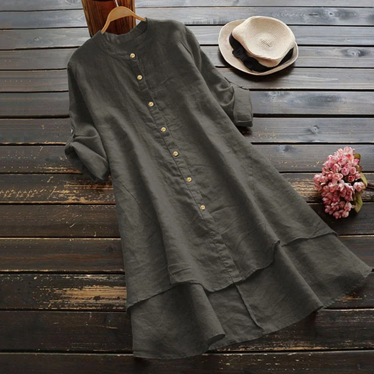 VChics Vintage Button Cotton Linen Midi Dress