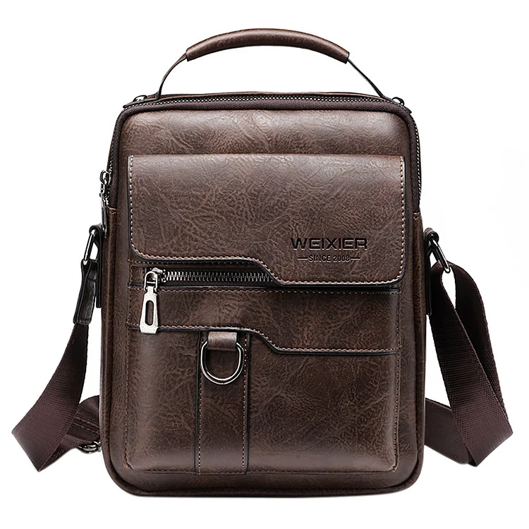 Vintage PU Crossbody Bags Mens Zipper Satchel for Travel Business (Dark Brown)