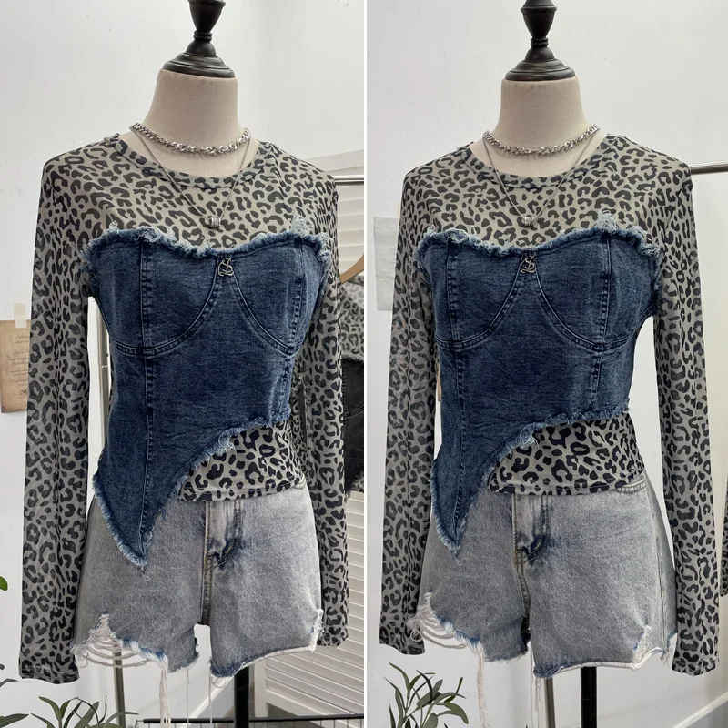 Nigikala Nigikala Shooting Fashion Leopard Tard Tard Babes Mesh Splicing Denim Irregular Bottom Shirt Short Top 2617