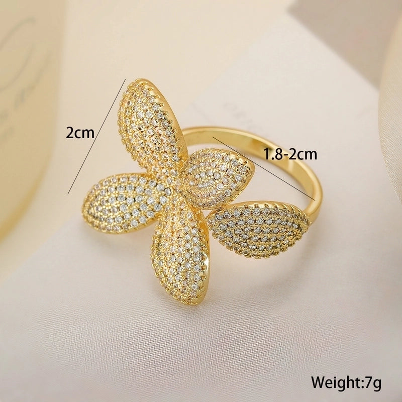 Copper Inlay Floral Zircon Open Rings