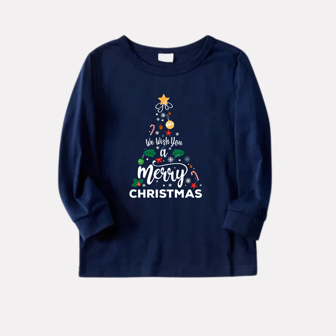"We Wish You a Merry Christmas" Printed Blue Long Sleeve Top With Blue & Red Plaid Family Matching Pajamas