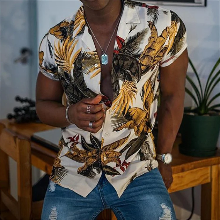 Men's Floral Print cotton linen short sleeved shirt
