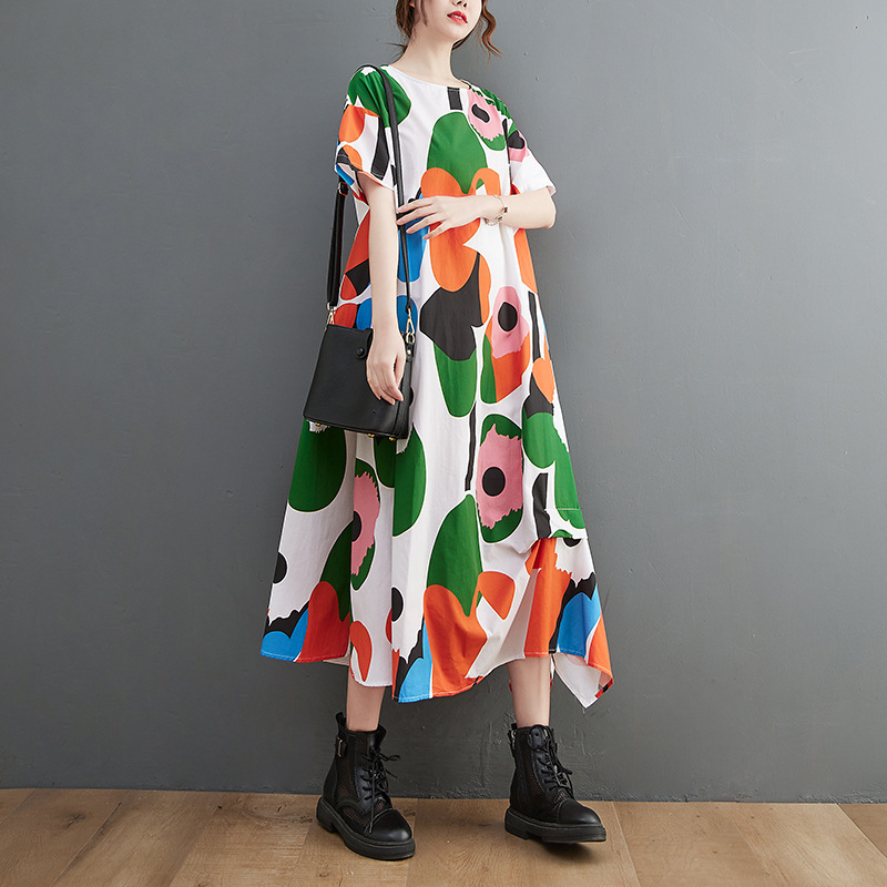 Casual Loose Printed Short Sleeve Midi Dress