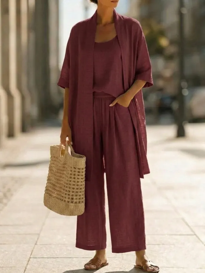 Women's Linen Blend 3-Piece Outfit, Cami Top, Open Front Cardigan and Wide Leg Pants Set
