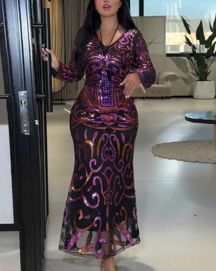 Women's V-neck mesh sequins Dress