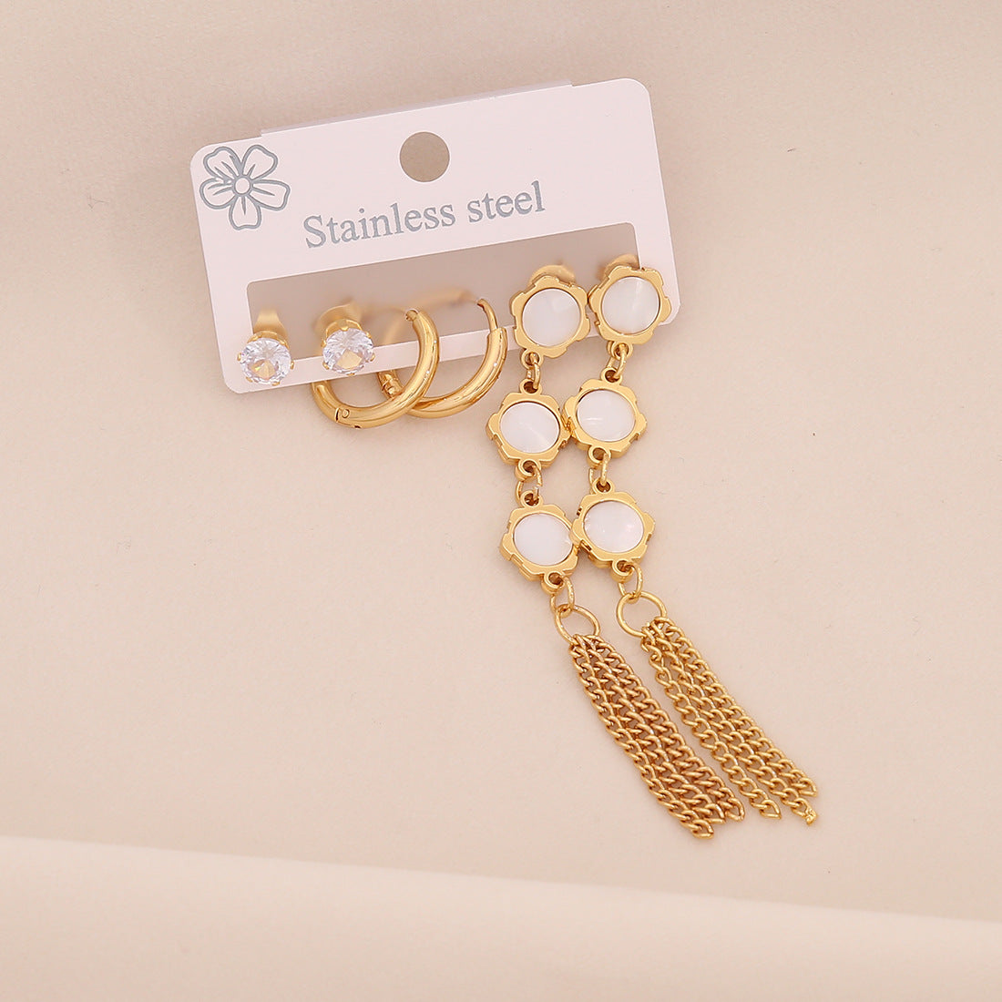 Niche Long Love Titanium Steel Earrings Set Six-Leaf Flower Earrings Stainless Steel E605