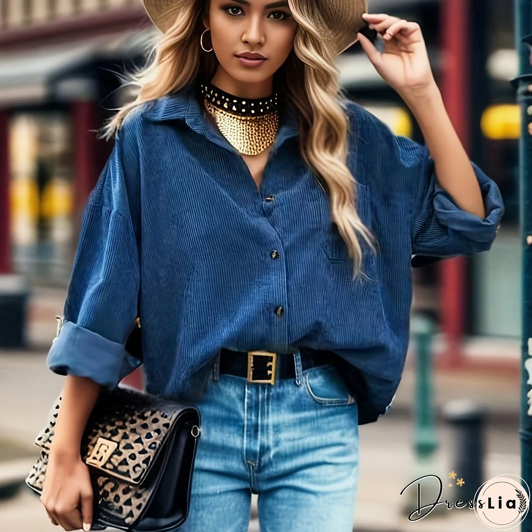 Solid Color Button Front Pocket Shirt, Casual Long Sleeve Shirt For Spring & Fall, Women's Clothing