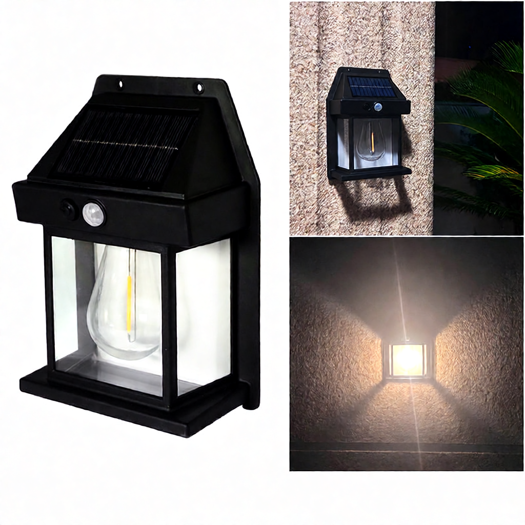 Solar Powered Retro Wall Lamp with Motion Sensor and IP65 Waterproof Design