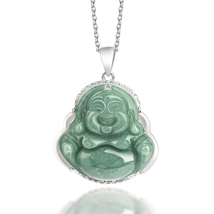 Natural Vintage Maitreya Buddha Pendant S925 Silver Inlaid Jade Buddha Necklaces-VESSFUL