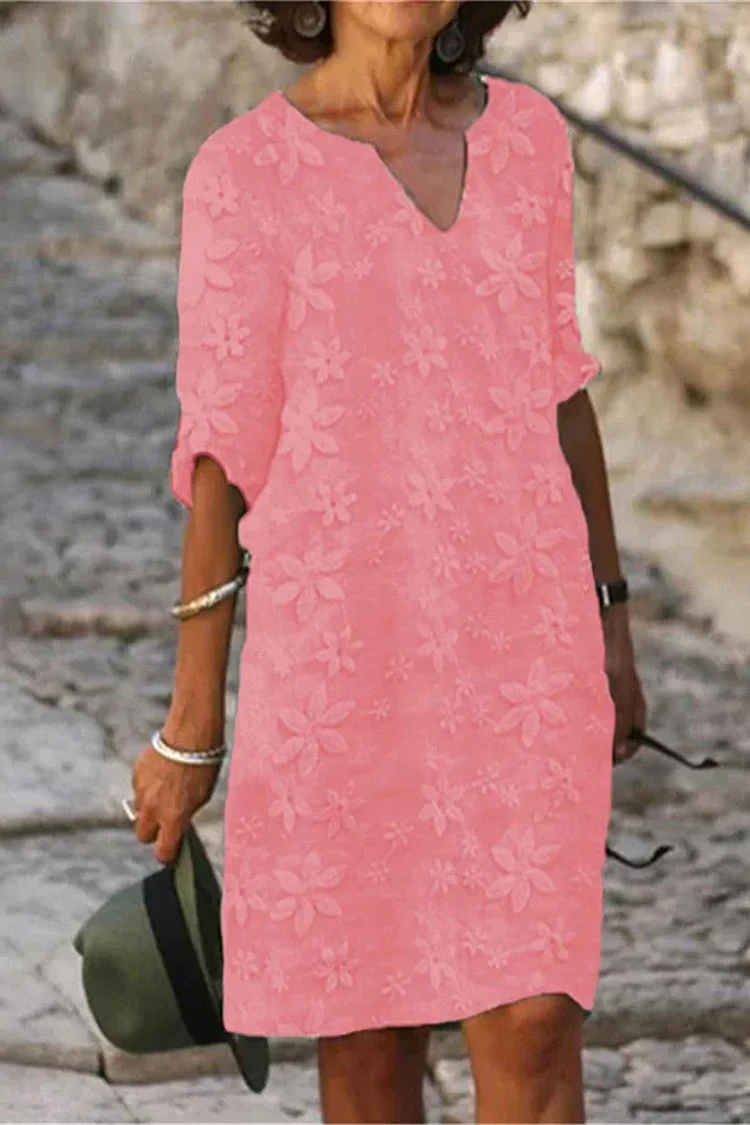 V Neck Floral Print Short Sleeve Loose-Fit Casual Mini Dresses