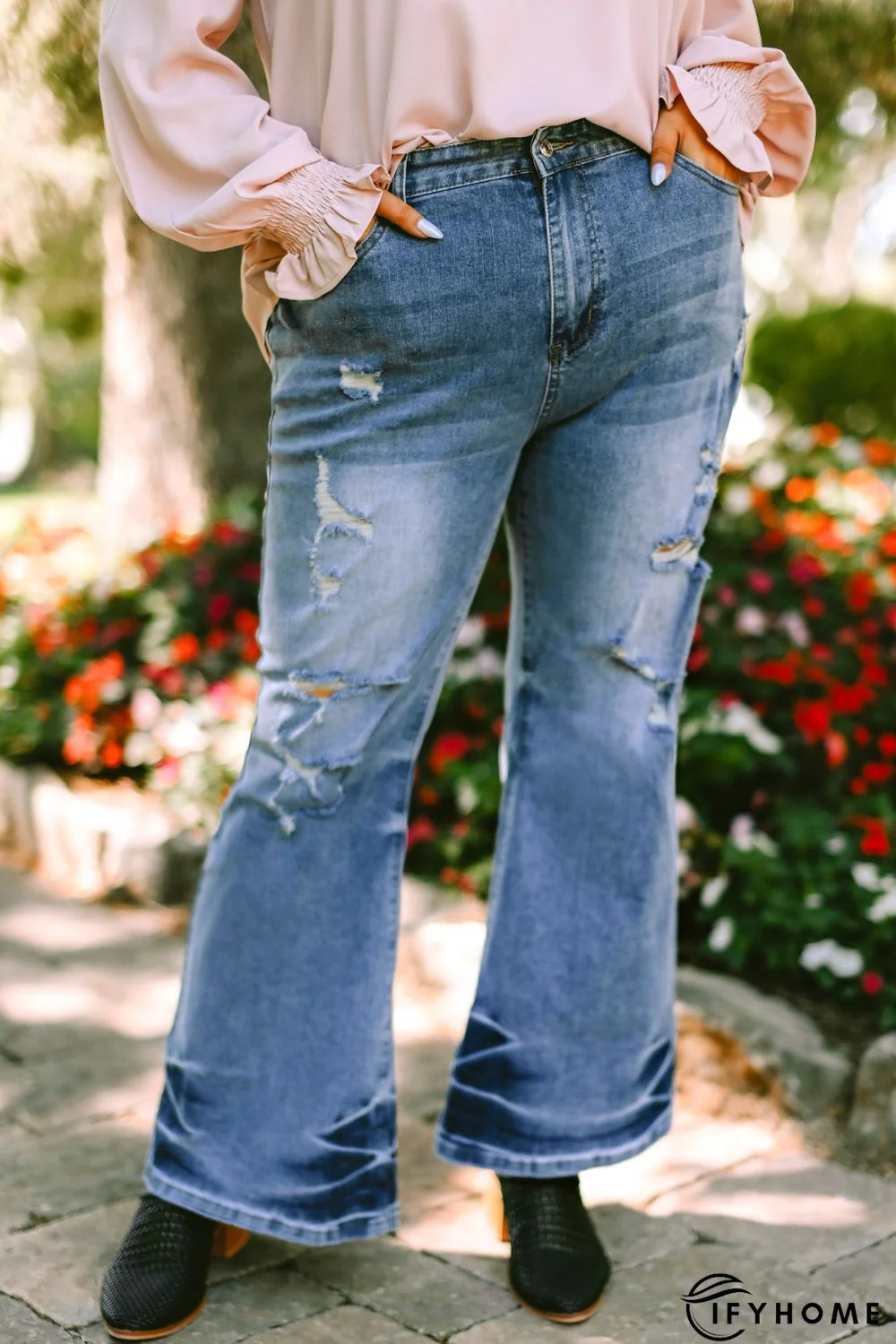 Sky Blue Plus Size Distressed Flare Jeans | IFYHOME